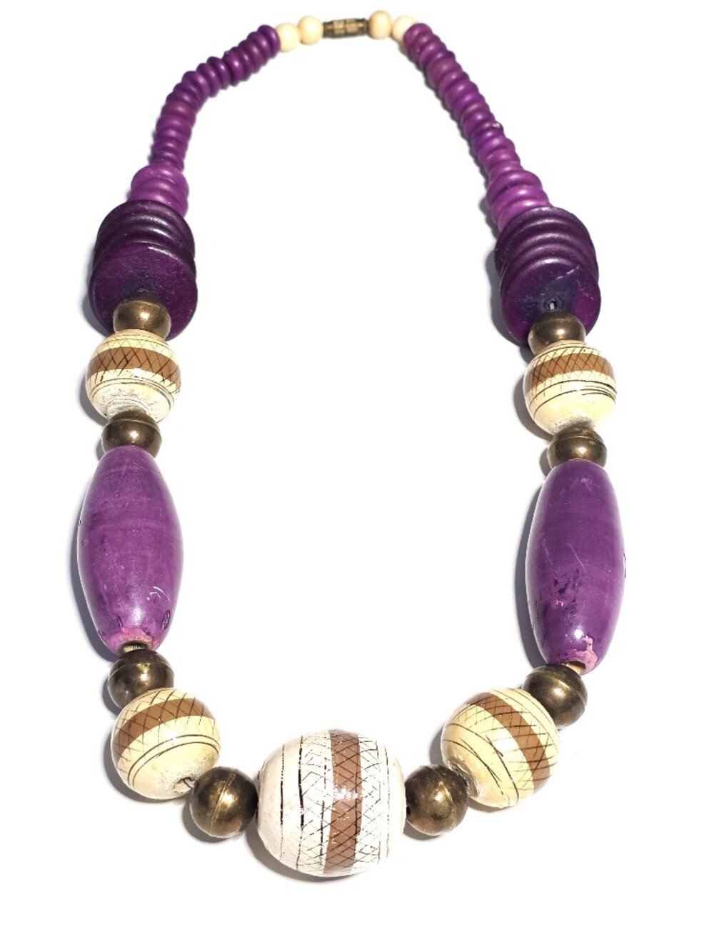 Chunky purple & beige wood bead necklace